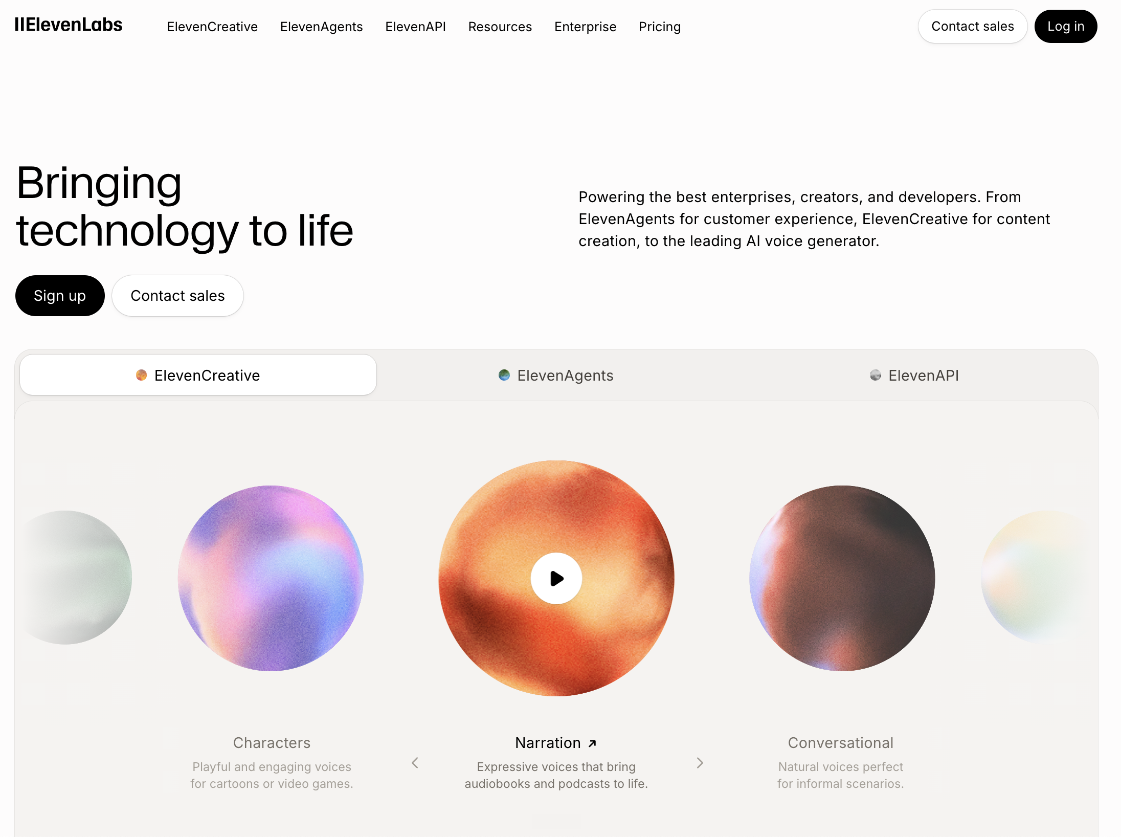 ElevenLabs homepage in 2026: Bringing technology to life with ElevenCreative, ElevenAgents and ElevenAPI